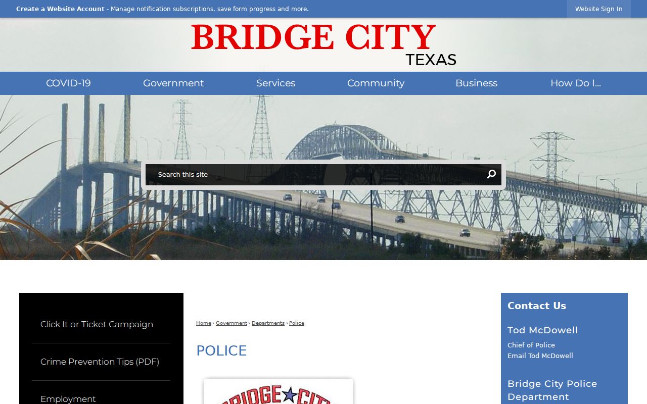 Bridge City Police Department official page for local police records