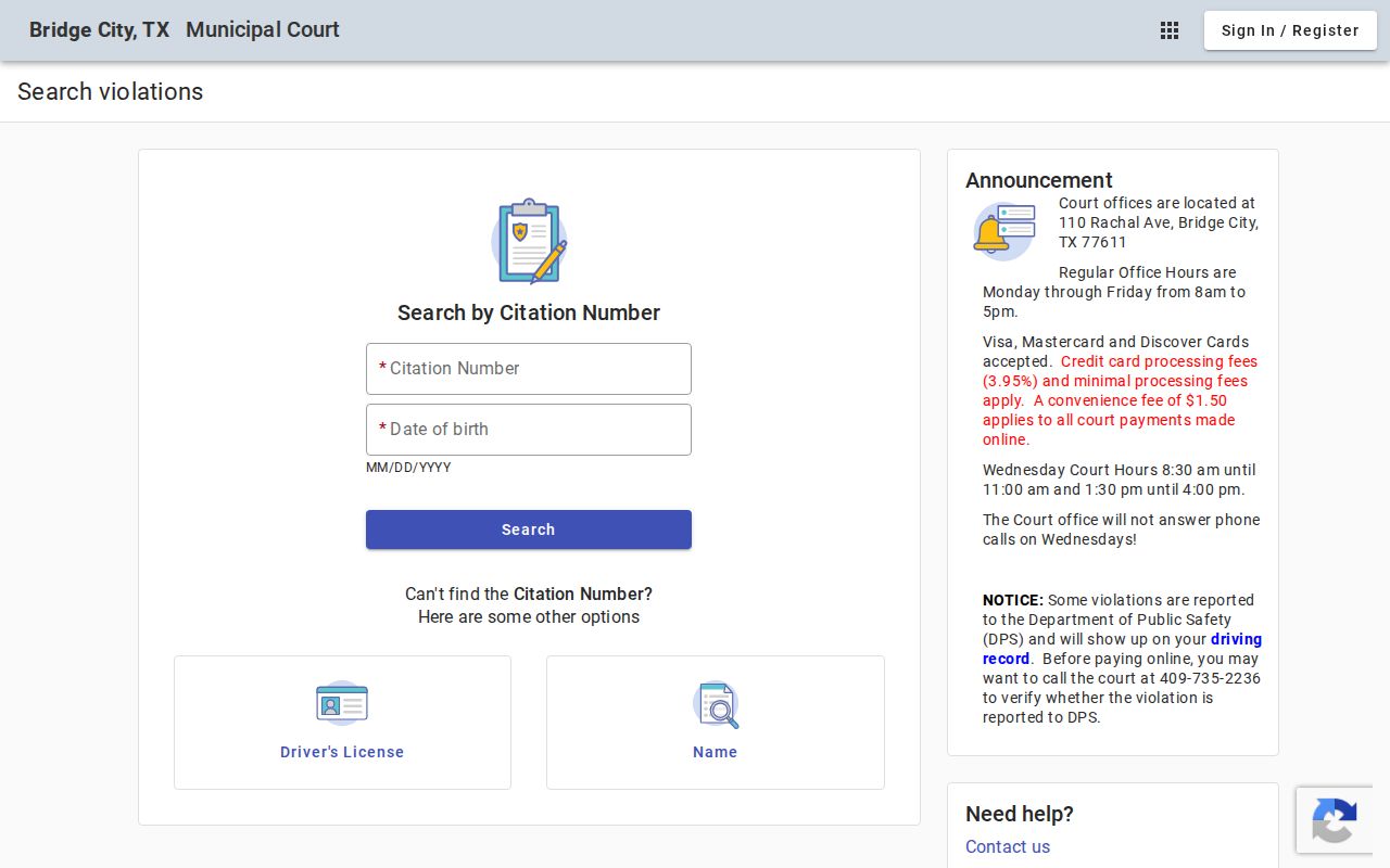 Bridge City Municipal Court official case search interface