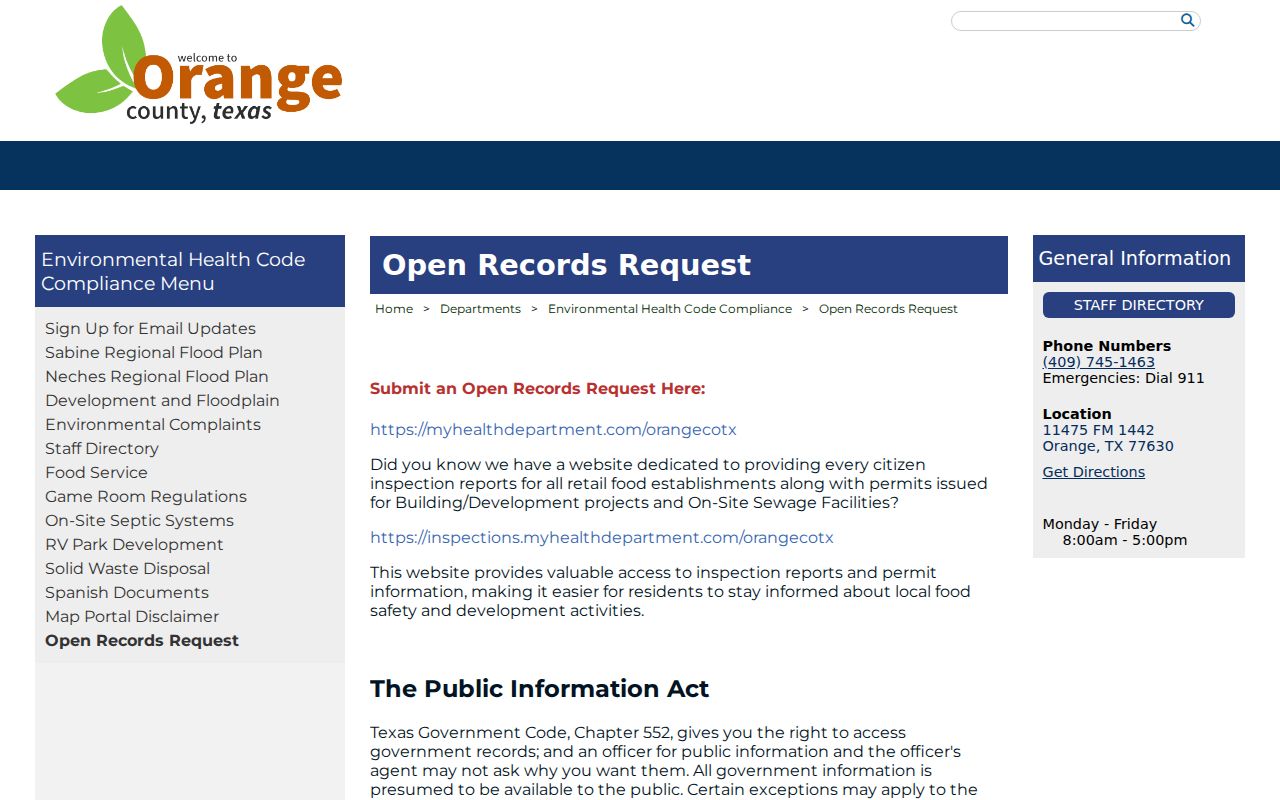 Orange County arrest history open records request page