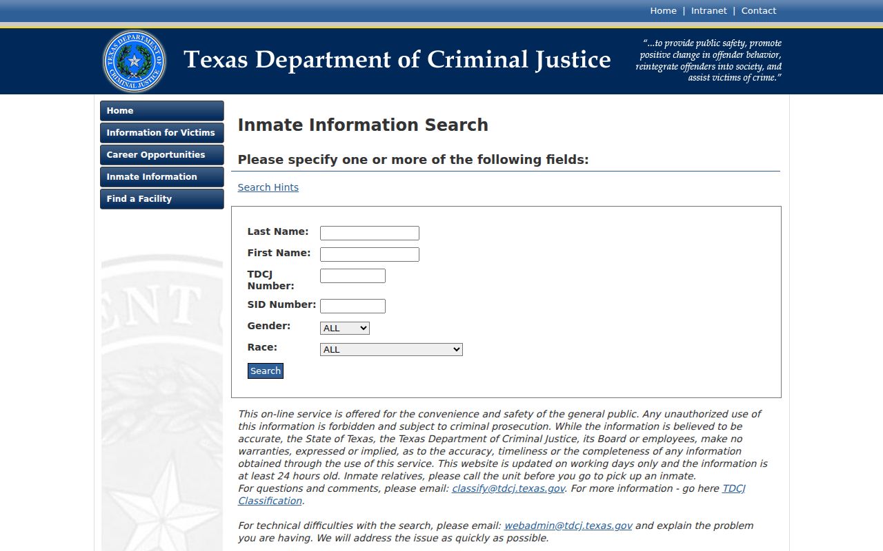 Orange County arrest history TDCJ inmate search page