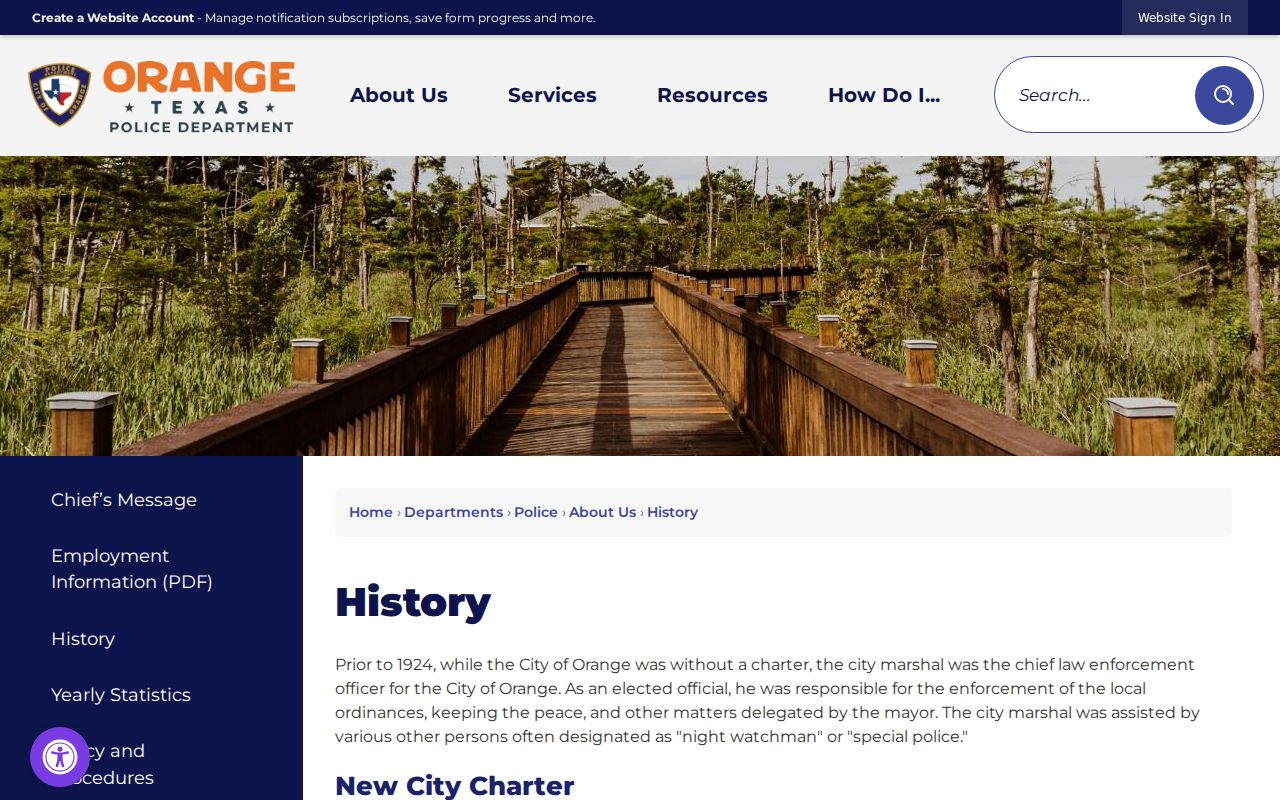 Orange Police Department history page showing the city's law enforcement record