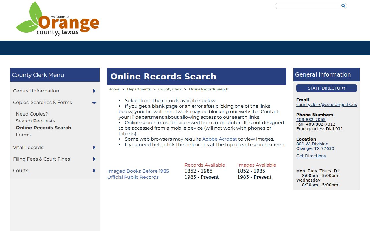 Orange County criminal history online records search page