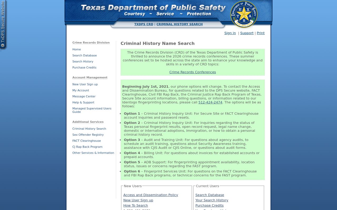 Orange County criminal history search through the Texas DPS portal