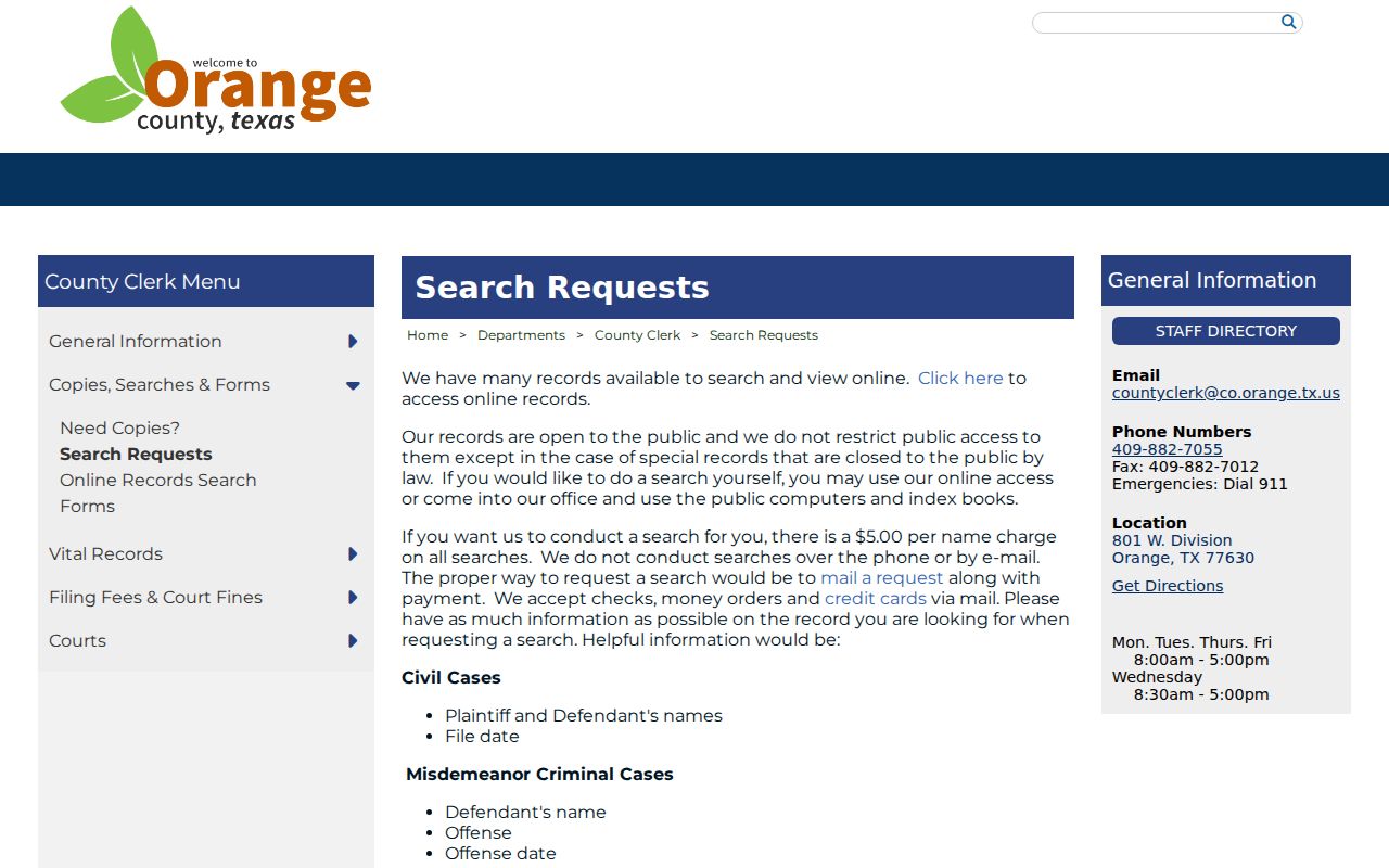 Orange County criminal court cases County Clerk search request page
