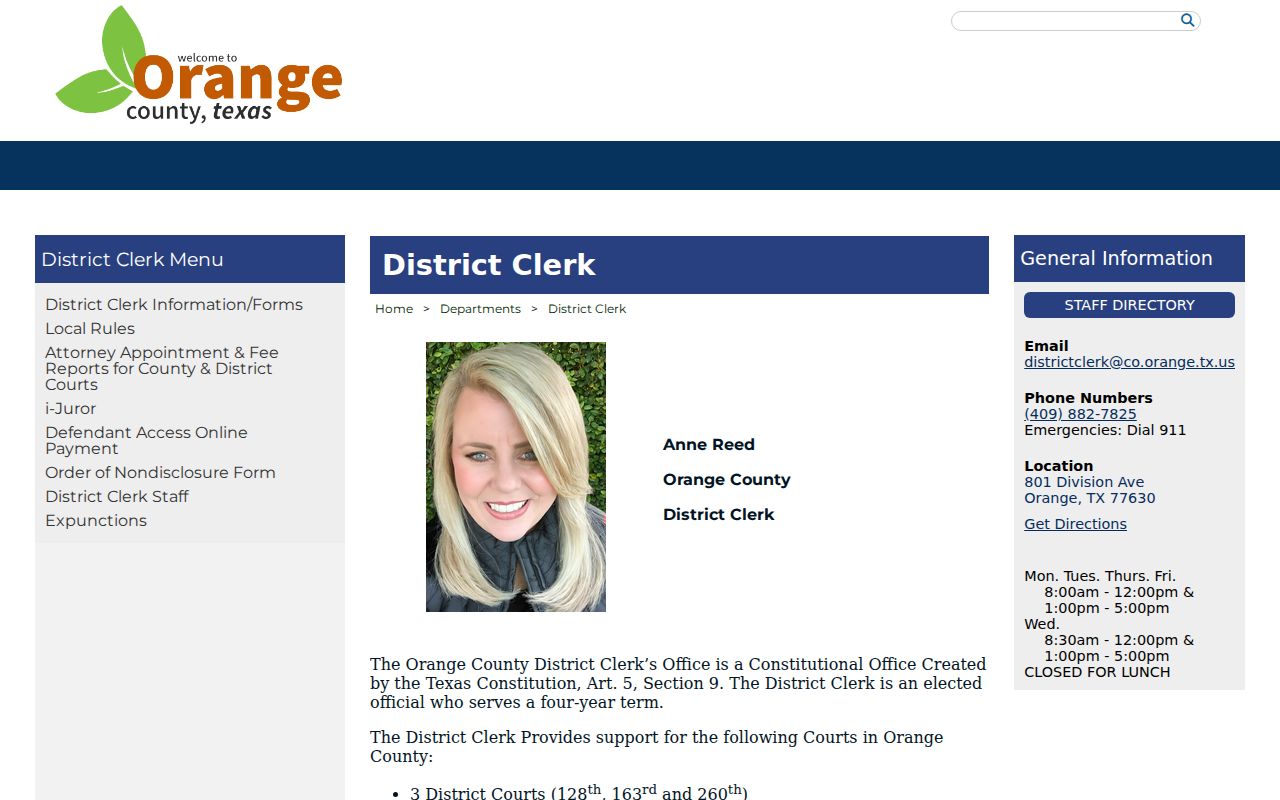 Orange County criminal court cases District Clerk office page